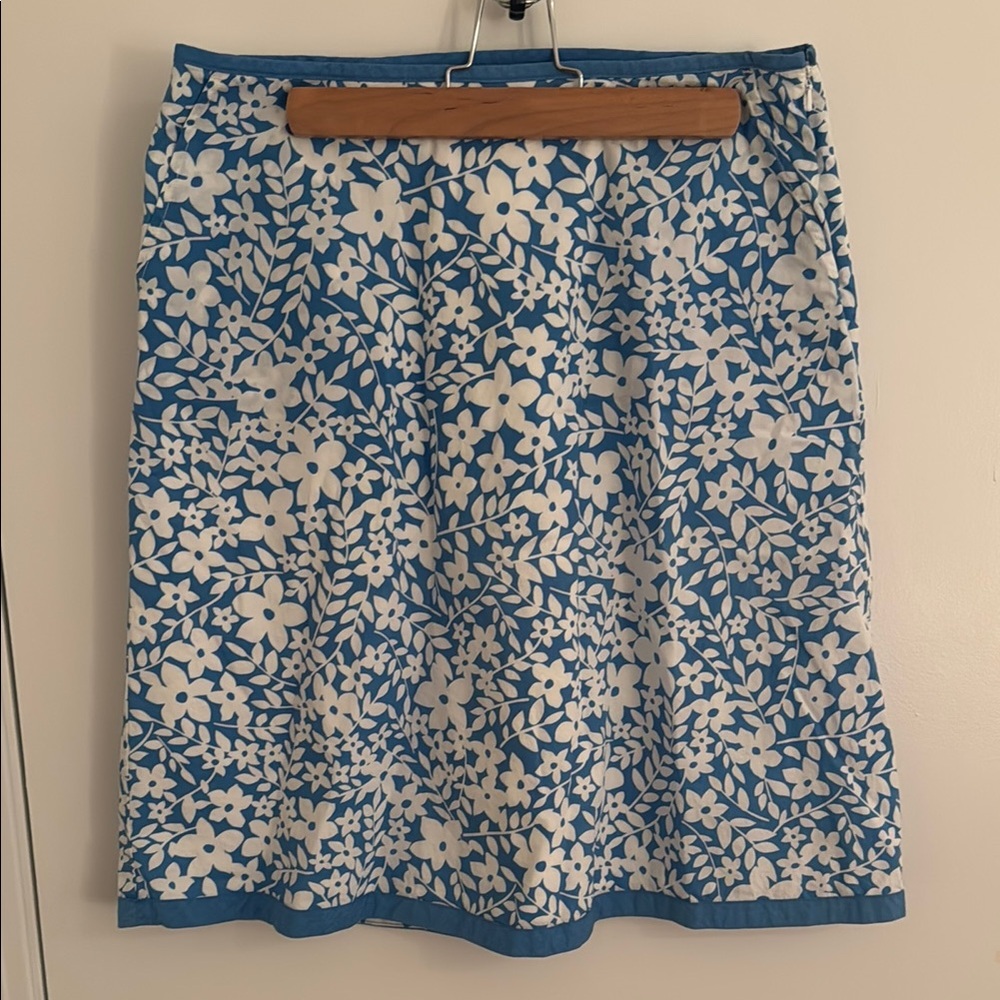 Floral Blue and White 100% Cotton Lined A-Line Skirt with front pockets